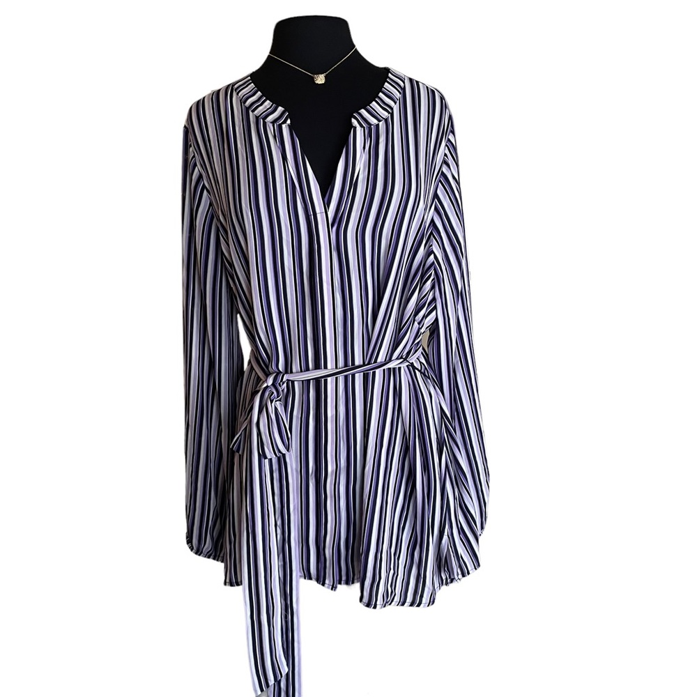 Lane Bryant Purple Black White Stripe Print Tie Back Waist Top